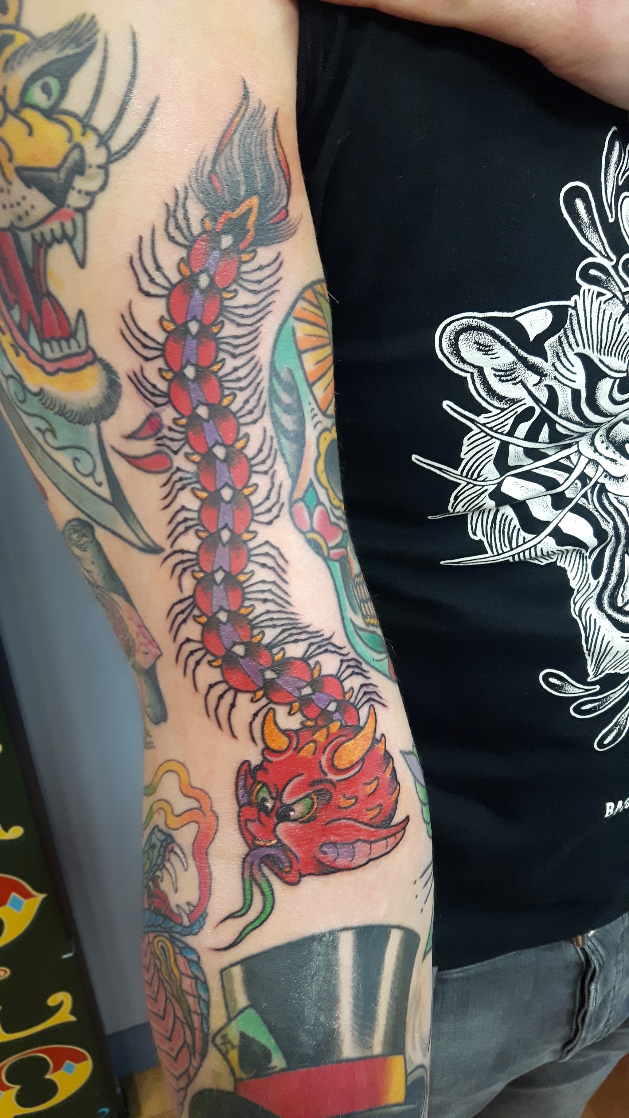 Arm met een volle sleeve in old school stijl, met een duizendpoot en een tijger