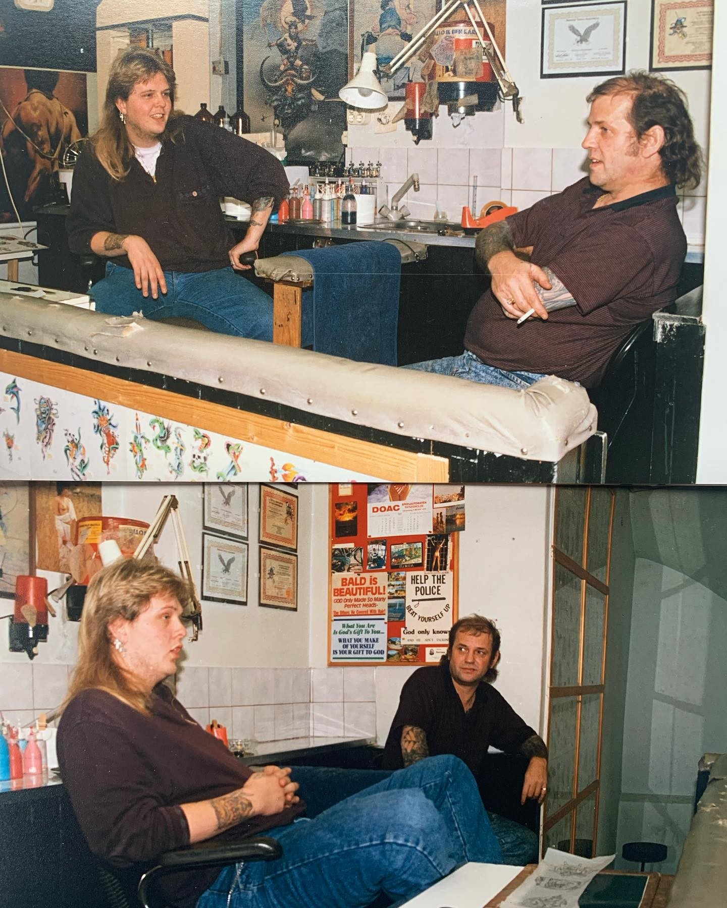 Twee foto's uit het begin van de jaren 80: Rinto en Tattoo Karel in de shop in Groningen